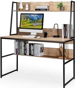 Scrivania per computer, scrivania con libreria e 3 ripiani, ampio piano d'appoggio e piedini regolabili, salvaspazio, 120 x 57 x 140 cm (colore naturale)