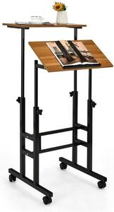 Scrivania sit-stand regolabile in altezza, scrivania per computer e da disegno su rotelle, tavolo mobile per PC con 2 postazioni di lavoro separate, tavolo da lavoro (marrone)