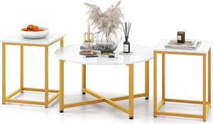 Set composto da 3 tavolini con robusta struttura in ferro, set composto da 3 tavolini, 1 tavolino rotondo e 2 tavolini quadrati, bianco
