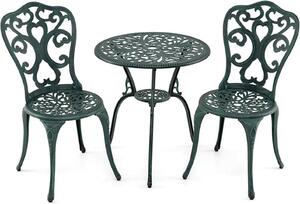 Set da bistrot in 3 pezzi, set da giardino in alluminio pressofuso resistente alle intemperie con fori per ombrellone, set di mobili da giardino, tavolo e 2 sedie, verde