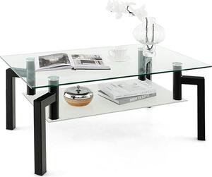 Tavolino rettangolare con piano in vetro temperato, tavolino a due ripiani con gambe in tubolare metallico, design elegante, 100 x 60 x 43 cm, nero