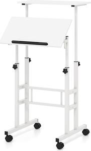 Scrivania mobile con 4 rotelle, scrivania regolabile in altezza con piano di lavoro inclinabile, ganci per appendere, tappo antigoccia e struttura in metallo, bianco