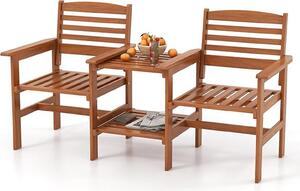 Sedia da giardino doppia con foro per ombrellone da 4 cm, set da conversazione a 2 posti con tavolo a 2 livelli, set di mobili in legno con tavolo centrale, ideale, natura