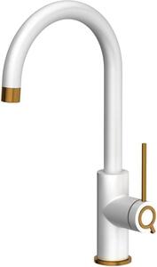 Miscelatore da cucina QUADRON JODIE Q LINE SLIM SteelQ, 35,5 cm, acciaio inossidabile, miscelatore per lavello, rotazione a 360°, rubinetto per cucina QFix, bianco e rame PVD