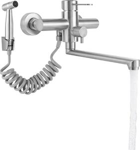 Rubinetto da cucina a parete, miscelatore per acqua calda e fredda, funzione spray, argento