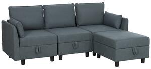 HOMCOM Divano Componibile Modulare 3 Posti con Pouf Poggiapiedi e Cuscini, Rivestimento in Flanella, Grigio Scuro