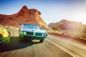 Illustrazione driving fast through desert in vintage hot rod car, Joshua Resnick