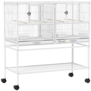 PawHut Gabbia per Uccelli Grande con Divisore, Ruote, 4 Contenitori, 4 Posatoi, Ripiano e 2 Vassoi Estraibili, 95x45,5x102 cm, Bianco | Aosom Italy