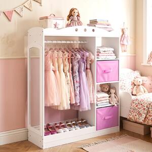 Costway Guardaroba per bambini asta appendiabiti ripiano con bordo anticaduta, Guardaroba con 2 scaffali aperti 2 cassetti pieghevoli Bianco