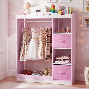 Costway Guardaroba per bambini asta appendiabiti ripiano con bordo anticaduta, Guardaroba con 2 scaffali aperti 2 cassetti pieghevoli Rosa