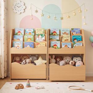 Costway Libreria montessoriana per bambini scaffale a 4 livelli in legno cassetto portagiochi con 4 ruote, Libreria per cameretta e soggiorno Naturale