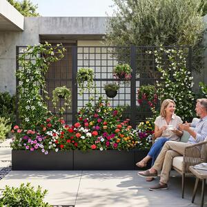 Costway Fioriera zincata con traliccio per fiori e verdure e frutta, Letto rialzato per orto con drenaggio grigliato rampicanti