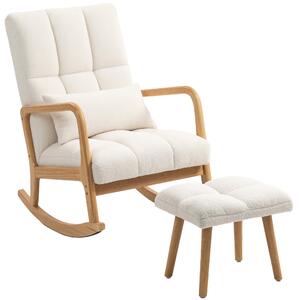 HOMCOM Poltrona a dondolo con poggiapiedi, rivestimento in fleece, schienale alto, gambe in legno, piedini, Bianco | Aosom Italy