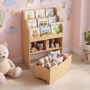 Costway Libreria per bambini con libreria a 3 ripiani 2 scomparti aperti e cassetto su ruote universali, Libreria per cameretta soggiorno e studio Naturale