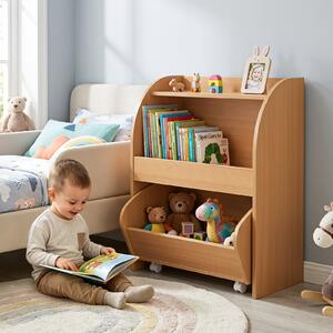 Costway Libreria Montessori per bambini legno con carrello e 2 ripiani aperti, Scaffale portagiochi per cameretta e asilo nido Naturale