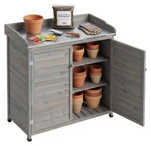 Relaxdays, tavolino da giardino con ripiano inferiore, legno, piano di lavoro zincato, dimensioni: 106 x 94,5 x 45 cm, mobiletto da giardino, grigio