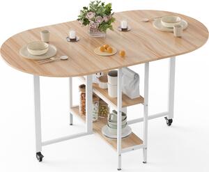 Mondeer Tavolo da pranzo pieghevole Tavolo da cucina con 2 ripiani e rotelle 140 x 80 x 75 cm Rovere+Bianco