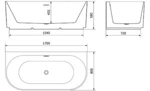 Mexen Sella vasca da bagno indipendente con scanalature addossata alla parete 170 x 80 cm, bianco lucido, troppo pieno in