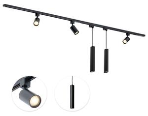Qub Focus III - Set completo sistema binario LED - Nero - Monofase - 200 cm - 3 faretti e 2 lampade a sospensione - Forma a I