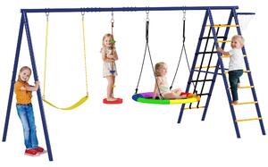 AIYAPLAY Gioco per Bambini 3-8 Anni con 3 Altalene, Scala a Corda e Canestro Basket, in Acciaio, PE e PP, 3.5x1.8x2 m