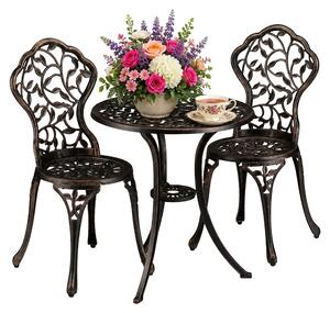 Set di mobili da balcone Relaxdays, 3 pezzi, tavolo da balcone con 2 sedie, decorato, alluminio, tavolo da bistrot HxP: 65x60 cm, bronzo