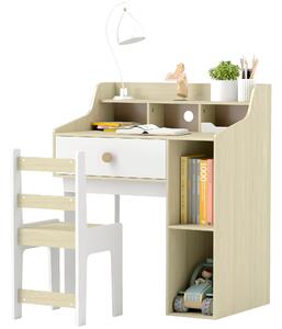 AIYAPLAY Set Scrivania per Bambini e Sedia in Legno con Scaffale e Cassetto, Età 3-10 Anni, Bianco e Legno