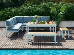Salotto giardino Allum. Polywood: divano angol., 2 panche e tavolo Naturale chiaro e Grigio - ZOLAYA di MYLIA