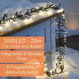 Catena luminosa a grappolo a 3000 LED da 22 m in bianco caldo con timer e 8 programmi per interni ed esterni