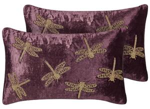 Set di 2 cuscini in velluto e cotone Rayon con motivo a libellula viola 30 x 50 cm camera da letto soggiorno Beliani