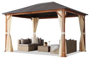 TOOLPORT Gazebo da giardino 3x4 m look legno, tetto Hardtop in acciaio, 4 teli laterali color crema