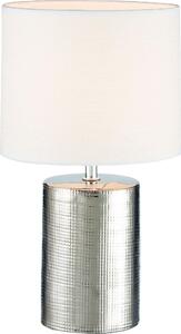 Lampada da tavolo con base in Vetroceramica argento e paralume in tessuto di lino bianco, altezza 35cm