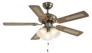 Ventilatore da soffitto in ottone con stampa legno e rattan 105 cm con interruttore a tirante - Mistral Lia