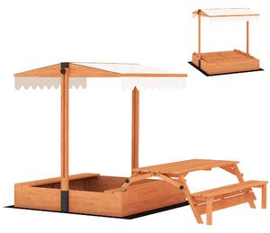 AIYAPLAY Sabbiera per Bambini 3 a 8 Anni in Legno con Tendalino Regolabile, Tavolo da Picnic e Panchine, 184x110x120 cm, Marrone | Aosom Italy