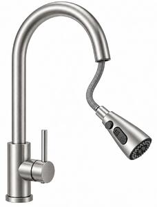 LynkCust: Miscelatore da cucina in acciaio inossidabile spazzolato con doccetta estraibile, 40 cm, 3 funzioni, girevole a 360°