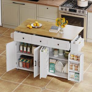 Isola da cucina con piano di lavoro pieghevole, dimensioni 140x43(70)x90,5 cm, 4 ante, 3 cassetti, ruote bloccabili, colore bianco in stile rustico