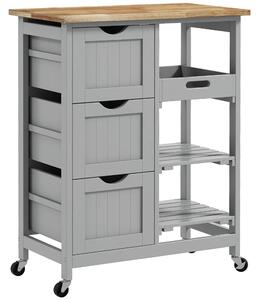 HOMCOM Carrello da cucina su ruote con piano in legno, 3 cassetti e piano rimovibile — 67x37x85,5 cm, Grigio | Aosom Italy
