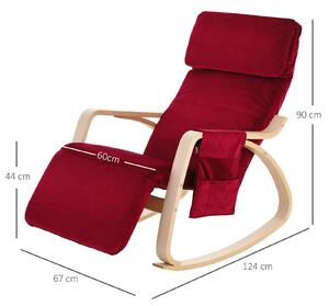 HOMCOM Sedia a dondolo poltrona a dondolo imbottita poggiapiedi regolabile sedile reclinabile tasca cuscino per casa ufficio in legno vino rosso