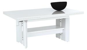 Tavolino con funzioni, tavolo da divano Dario - bianco lucido - allungabile + regolabile in altezza - ripiano - 110-180x68x50-60cm - meccanismo a forbice