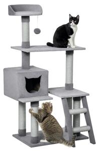 PawHut Tiragraffi Palestra per Gatti Multilivello con Casetta Scala Piattaforme, Pali in Corda di Juta, Grigio, 60.5x40x124cm|Aosom