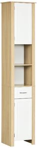 Kleankin Mobile Bagno Alto in Truciolato con un Cassetto, 2 Armadietti e 2 Ripiani Aperti Regolabili, 37x30x184 cm, Bianco e color Legno|Aosom