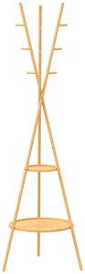 Appendiabiti 58,5x58,5x176 cm con 9 Ganci e 2 Ripiani in Bambù e MDF Naturale