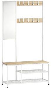 Appendiabiti da Ingresso 98x36x185 cm Mobile con Specchio a Figura Intera e Panca Scarpiera in Legno e Metallo Color Legno