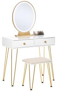 HOMCOM Specchiera Trucco Luci a LED Regolabili in Stile Industriale Tavolo per Trucco con Sgabello Mobile Toeletta Bianco