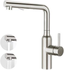 Rubinetto da cucina con 2 getti d'acqua, doccetta orientabile, miscelatore monocomando, rubinetto ad alta pressione, rubinetto per lavello, orientabile a 360°, acciaio inossidabile satinato opaco