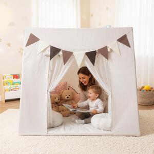 Costway Tenda da gioco con angolo lettura e funzione tenda per dormire, Tenda da gioco interna con tappetino imbottito lavabile Beige
