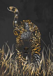 Illustrazione Black gold jaguar in grass, Sarah Manovski, (30 x 40 cm)