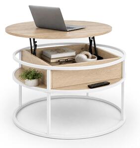 Tavolino Relaxdays con spazio contenitivo, dimensioni (altezza x diametro): 47 x 80 cm, piano sollevabile, realizzato in MDF e metallo, tavolino rotondo per divano, tavolino da salotto, color beige/bianco
