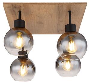 Plafoniera, effetto legno, globi in vetro fumé, L 40 cm