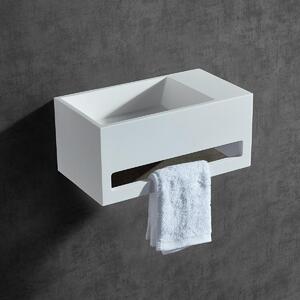 Lavabo a parete BA2105 - Getto minerale - Bianco opaco - 35,5 x 20 x 16 cm - Finitura selezionabile, Coperchio aggiuntivo per scarico a scomparsa:senza coperchio aggiuntivo, Finitura lavabo:Mensola destra