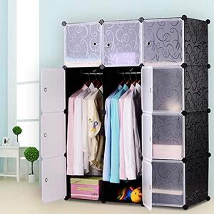 QEENTOE, organizer modulare per armadi "fai da te" con asta appendiabiti, ideale per riporre vestiti, scarpe e libri, composto da 12 scomparti, colore nero